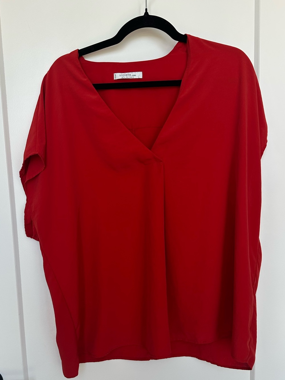Violeta by Mango XL Red Silky V-Neck Blouse Satin Feel Top